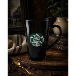 Starbucks Black 14oz Ceramic Travel Mug w Lid Tall Latte Coffee Cup